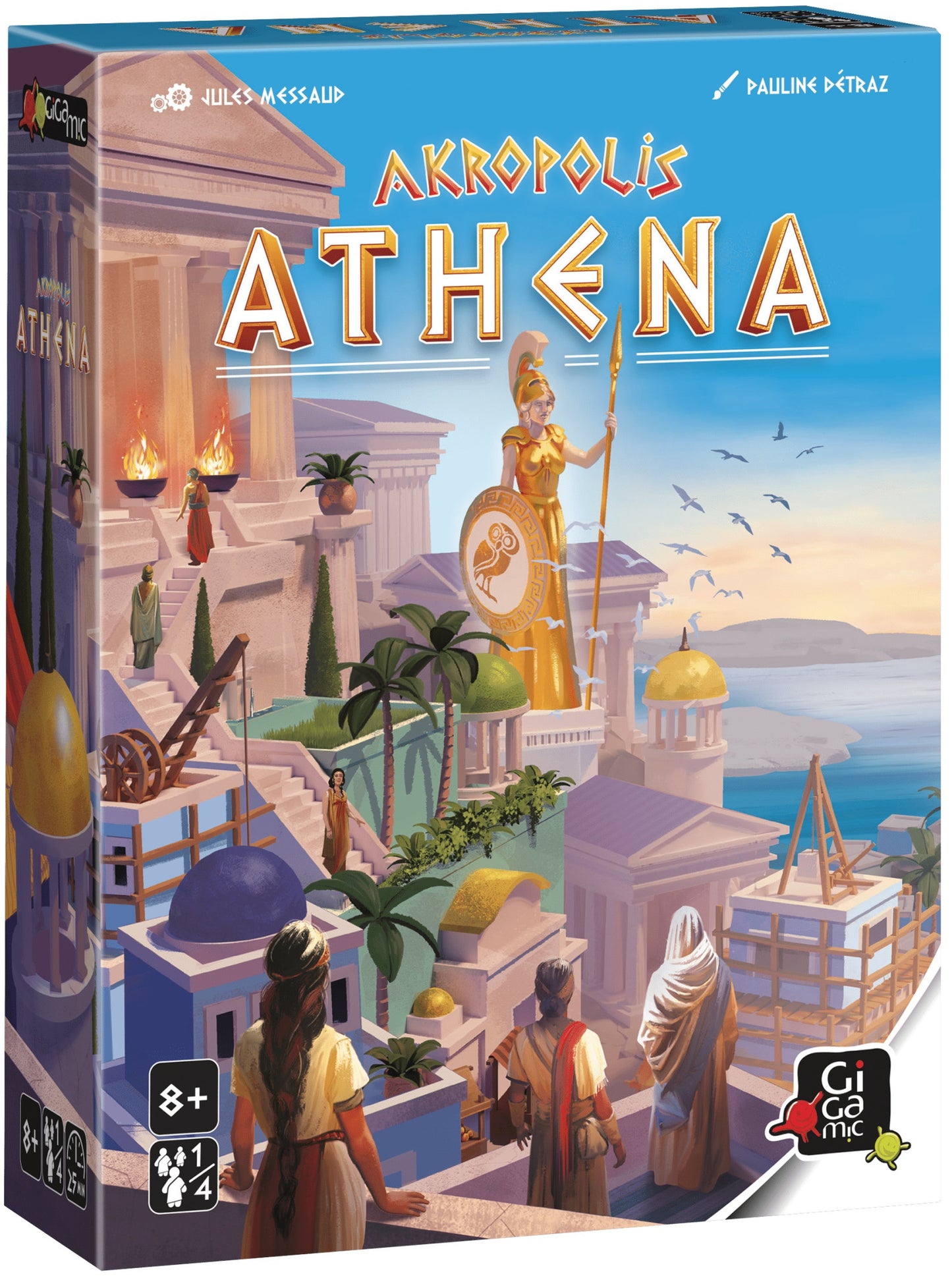 Board game box for 'Akropolis Athena' with classical architecture and figures on a blue background