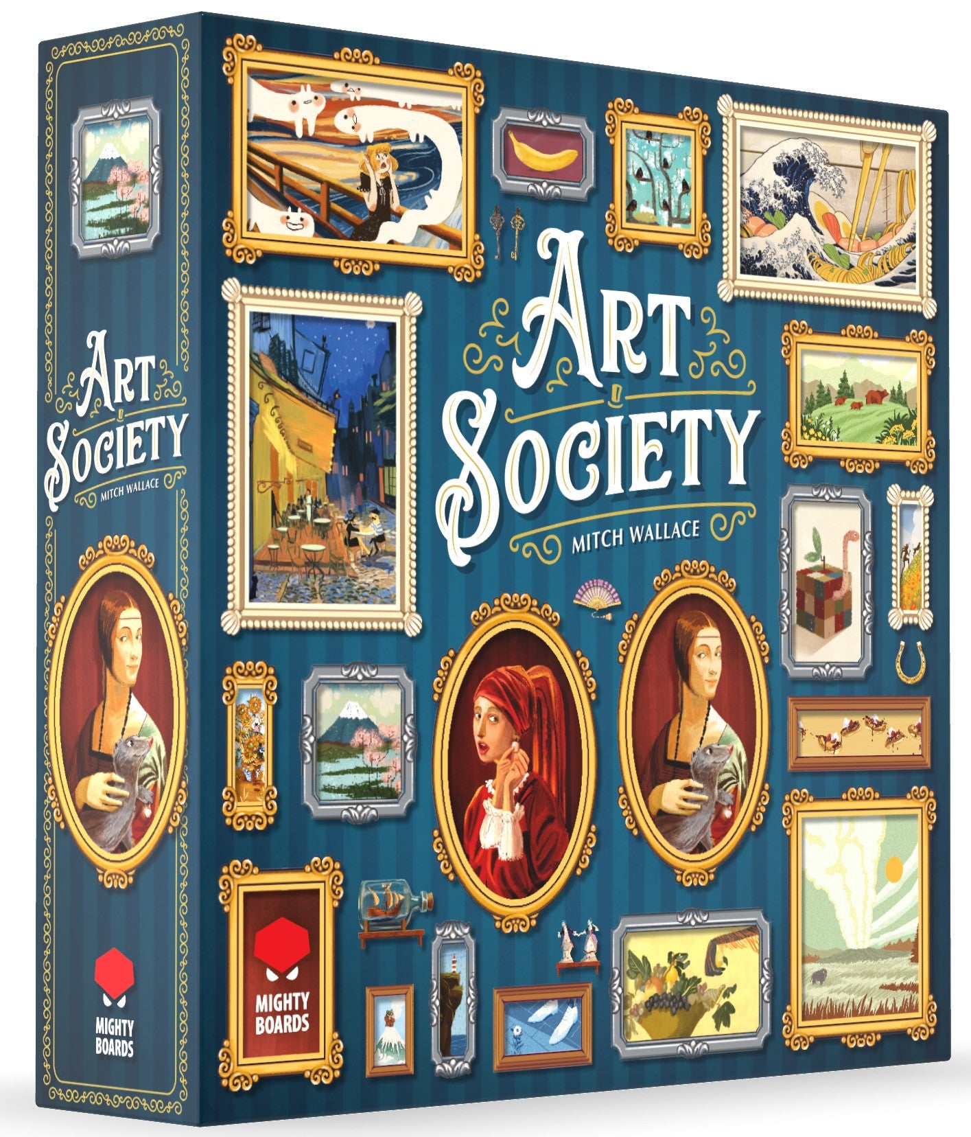 Board game box for 'Art Society' with artistic designs and text.