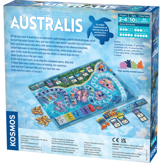 Board game box for 'Australis' by Kosmos with game board and pieces on a blue background