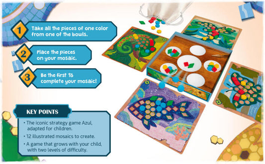 Colorful mosaic game with pieces and bowls on a light background