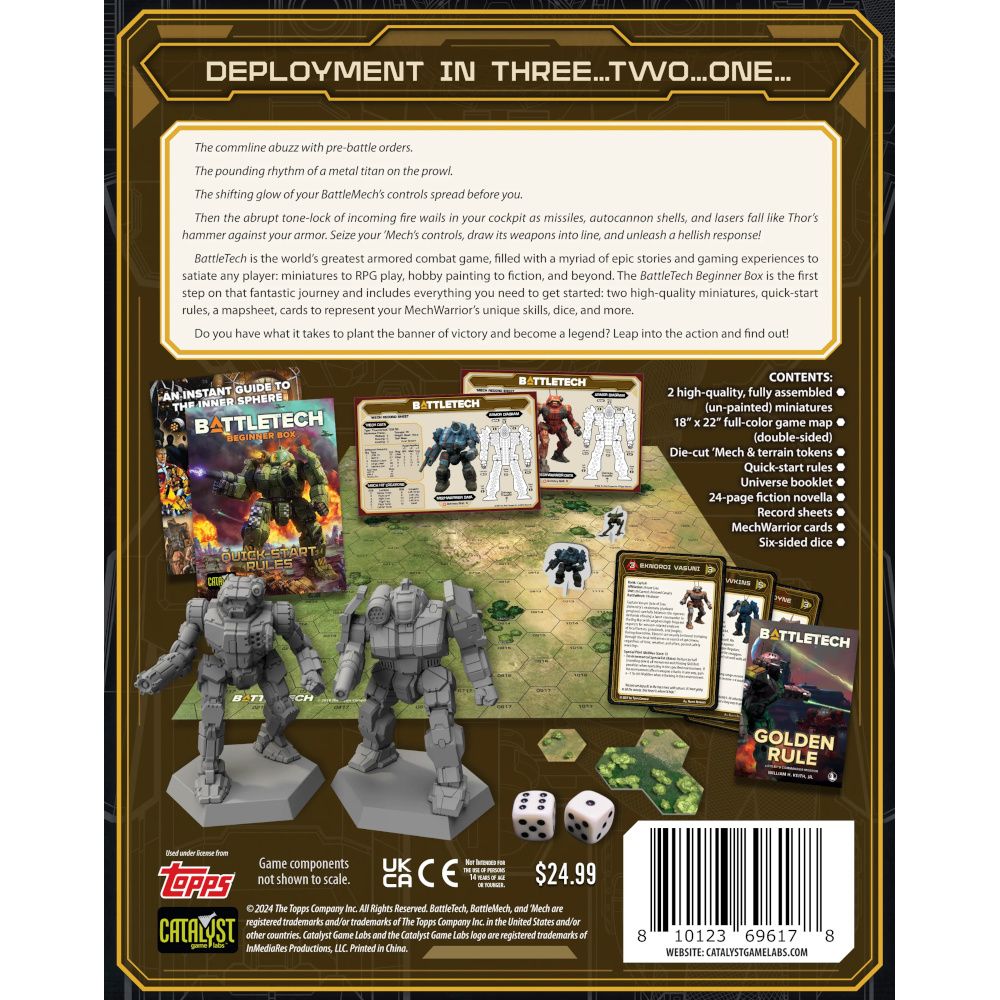 Battletech game box with miniatures and game components on a white background
