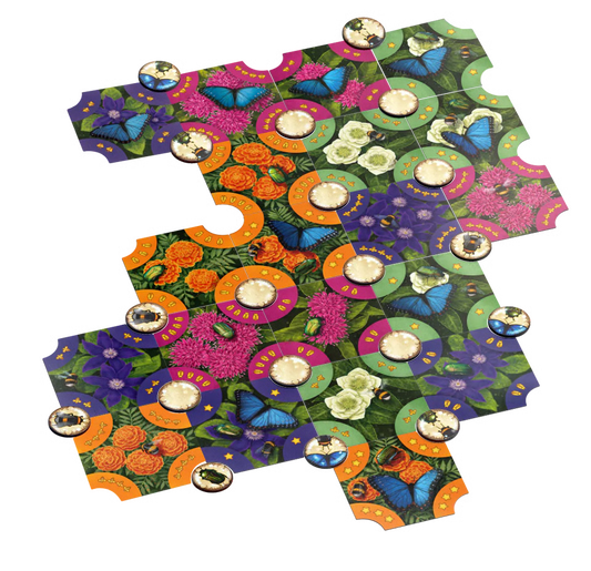 Pollen board game featuring a vibrant tropical floral and butterfly pattern, shown on a plain white background with several small game pawns placed on top.