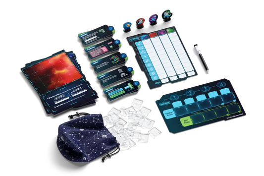 A tabletop product layout of a board game set on a black background. Visible components include multiple dark blue rule cards, a red/orange galaxy-themed card or board, several small round tokens or dice, a white marker or pen, clear plastic pieces, a blue starry fabric pouch, and a dark blue game board with colored sections.