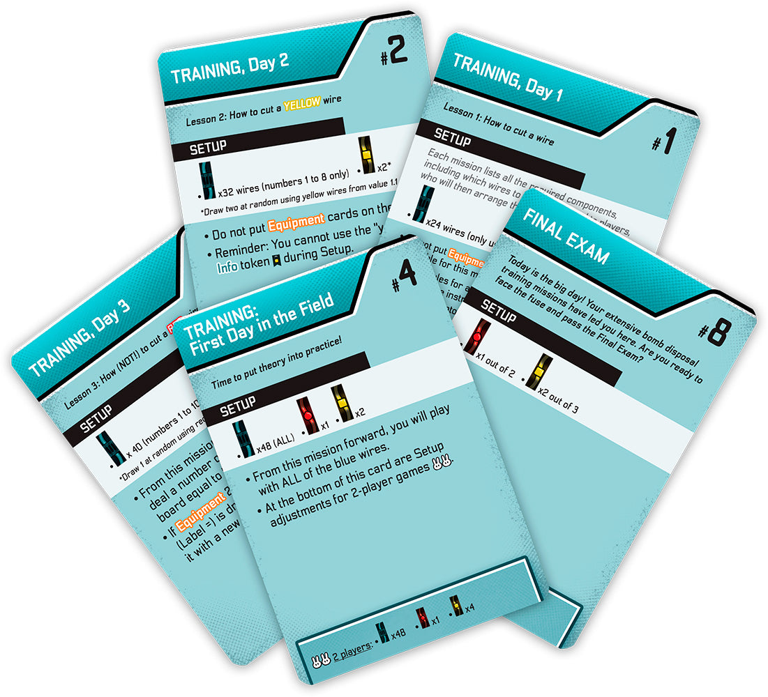 Bomb Busters Set of training cards with blue and white design on a white background