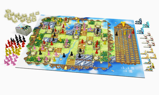 Board game set with colorful pieces and detailed board layout on a white background