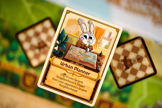 Board game card titled 'Urban Planner' with a rabbit character on a game board.