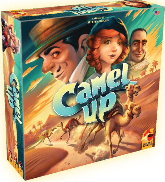 Board game box for 'Camel Up' with characters and camels on the cover