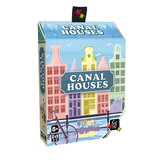 Board game box titled 'Canal Houses' with colorful illustrations of houses and a bicycle on a white background.