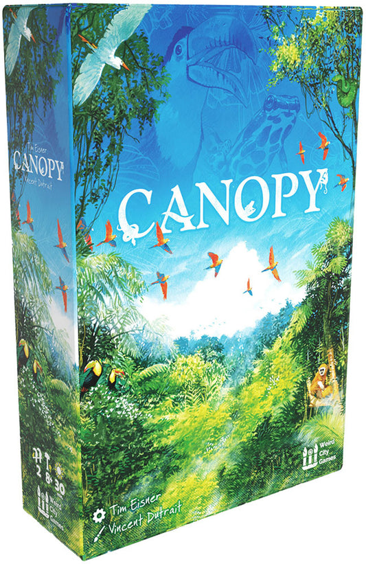 Board game box titled 'Canopy' with colorful illustrations of birds and trees.