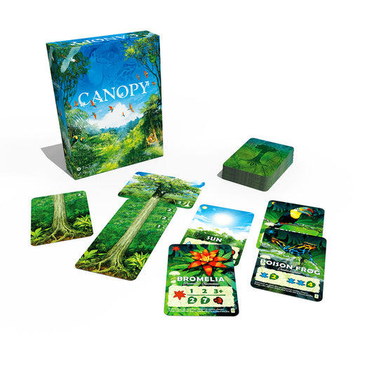 Board game set with 'Canopy' box and cards on a white background