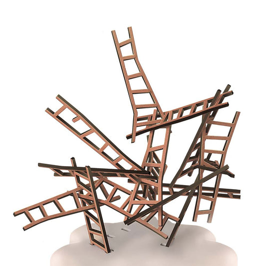Complex arrangement of interlocking wooden ladders on a white background