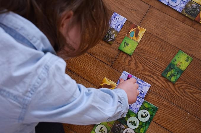 Person playing a board game with colorful cards on a wooden floor