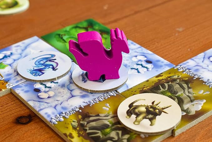 Board game piece with a pink dinosaur figure on a game board with animal illustrations.