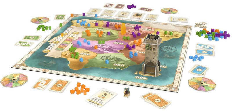Board game El Grande with colorful pieces and cards on a map-like board