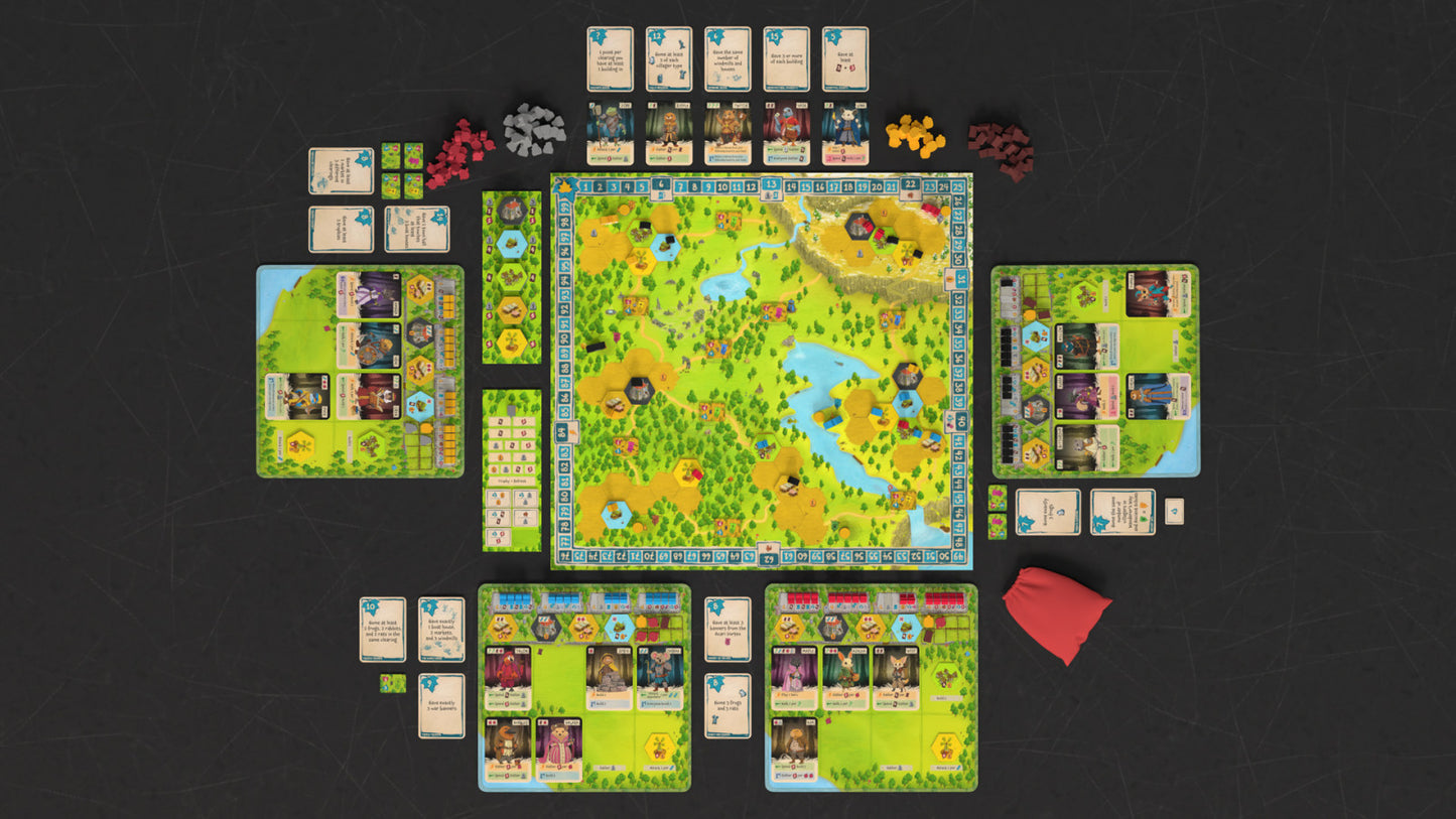 Board game Ember leaf setup with various cards and pieces on a dark surface