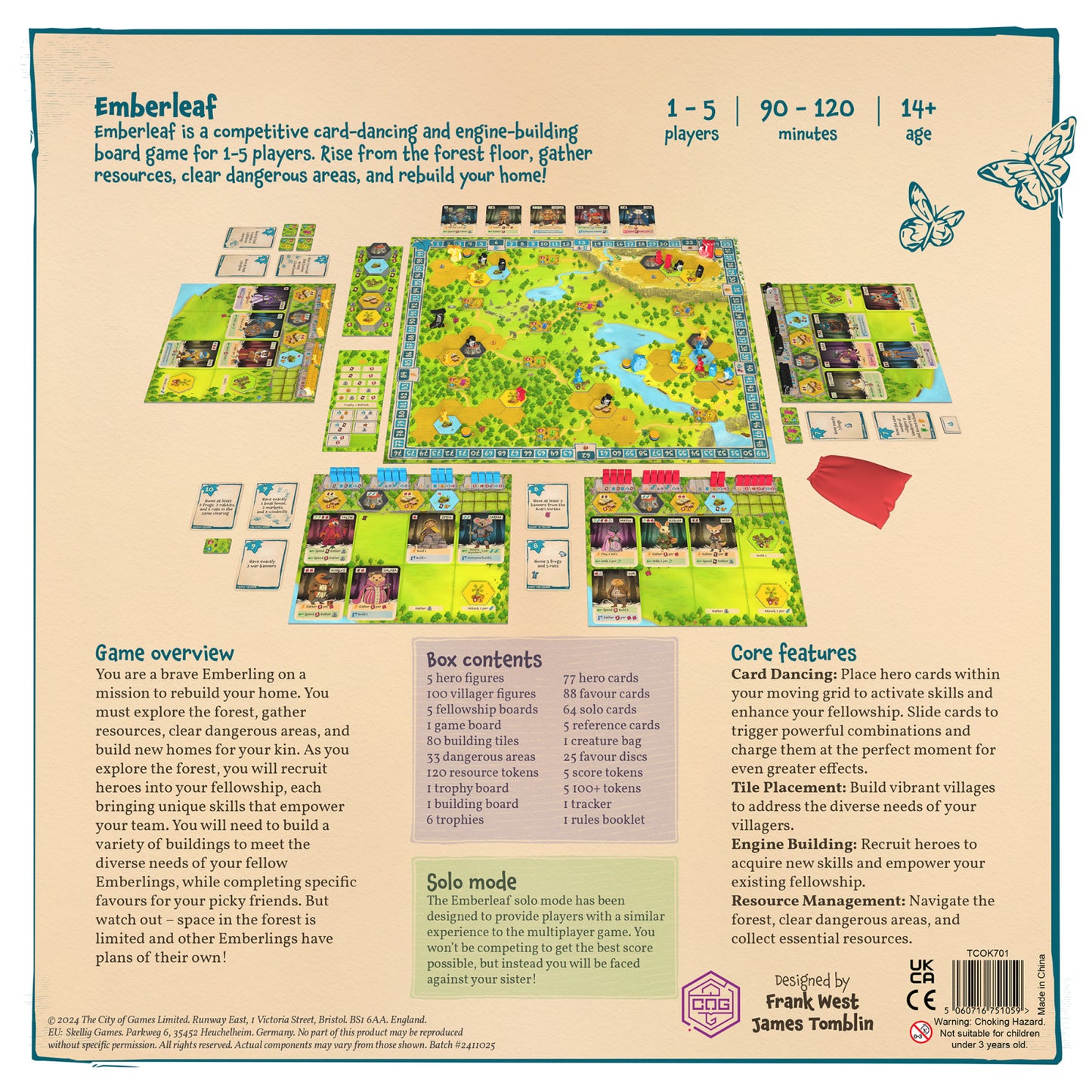 Board game packaging for 'Emberleaf' with game components and rules.