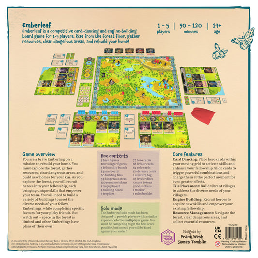 Board game packaging for 'Emberleaf' with game components and rules.