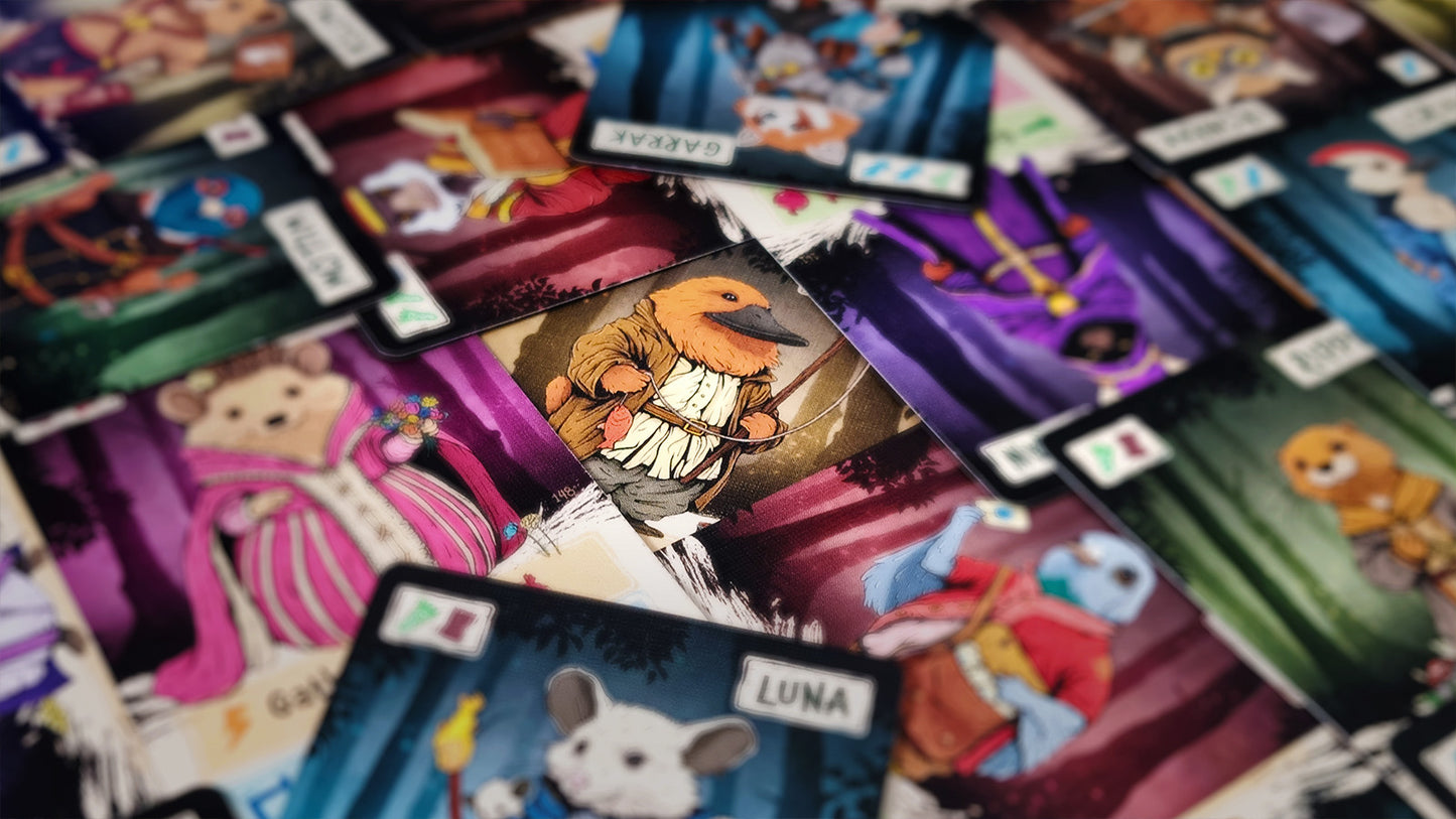 Collection of trading cards with various characters on a surface ember leaf