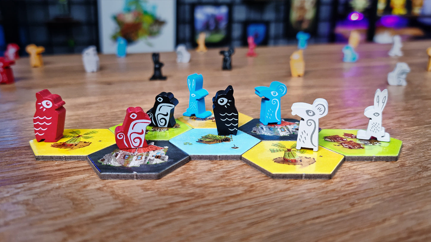 Board game pieces on a wooden board with colorful hexagonal tiles Emberleaf