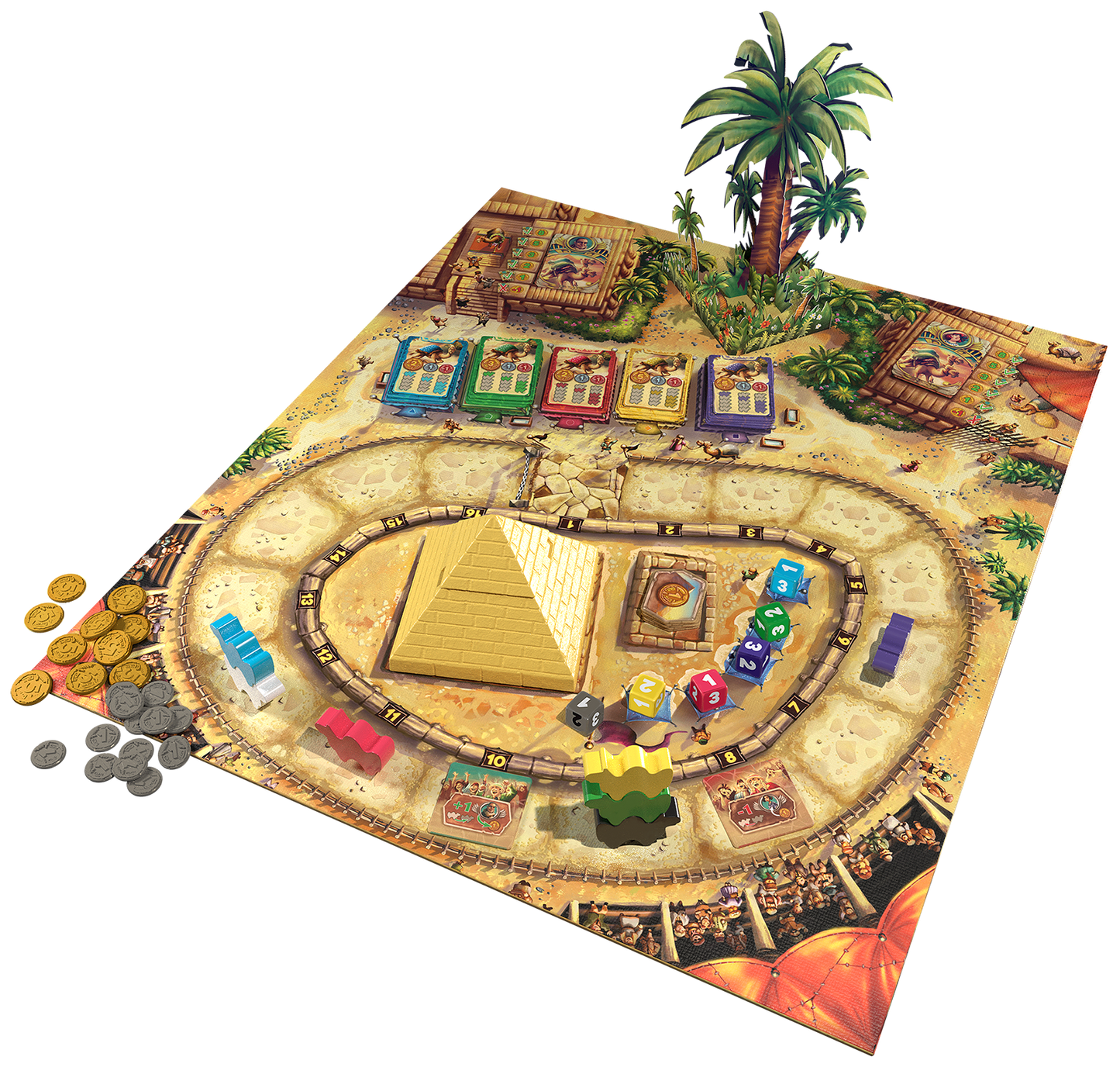 Board game Camel Up with pyramid design and colorful pieces on a desert-themed board