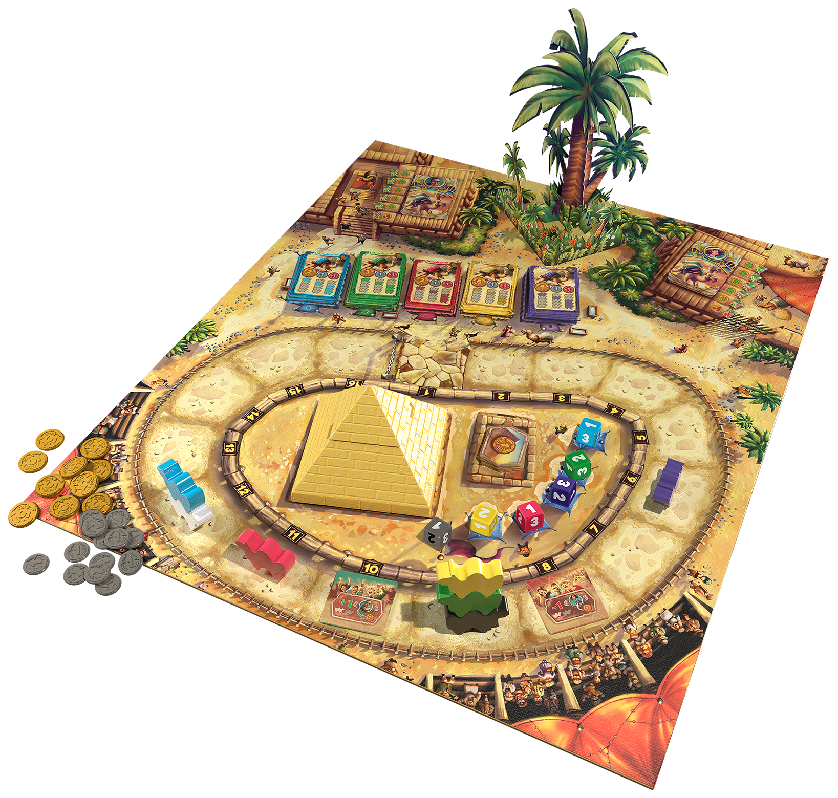 Board game Camel Up with pyramid design and colorful pieces on a desert-themed board