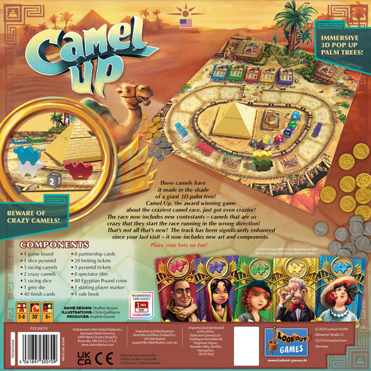 Board game packaging for 'Camel Up' with camel, pyramid, and desert landscape illustration.