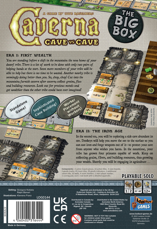 Board game packaging for 'Caverna: Cave vs. Cave' with game components and text.