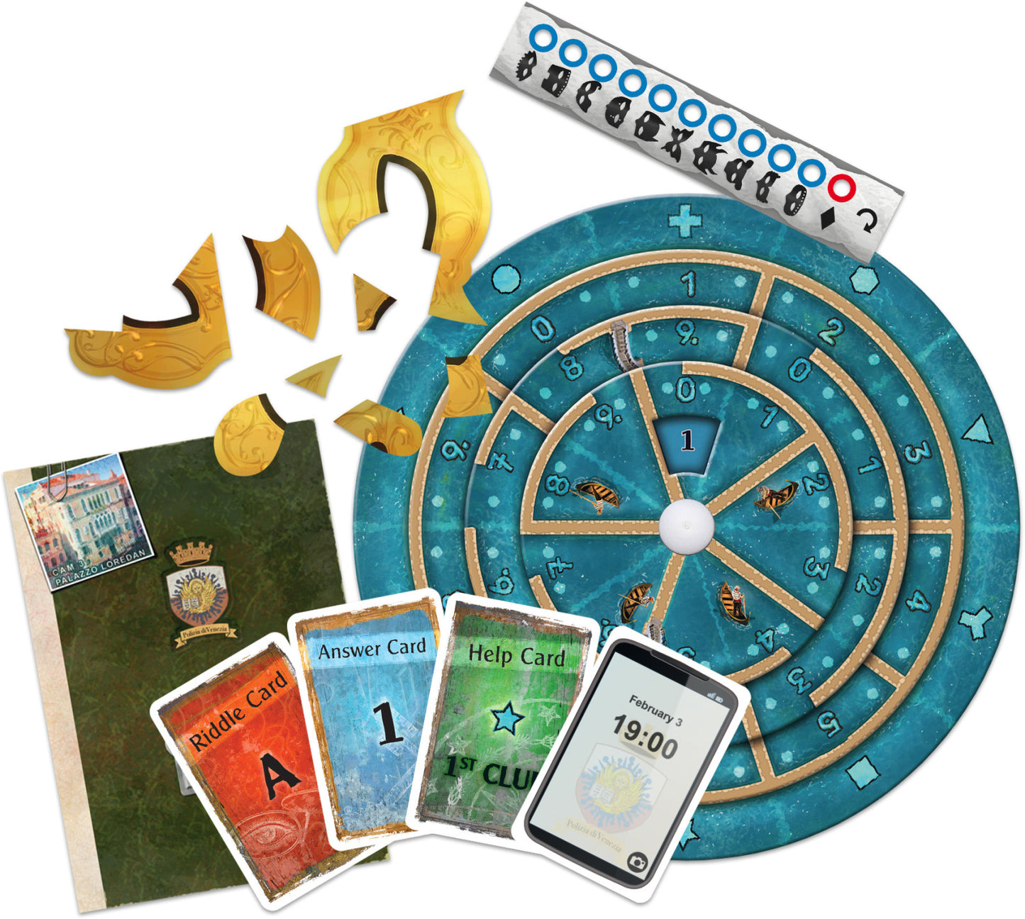 Board game components including a large blue wheel, cards, and pieces on a white background