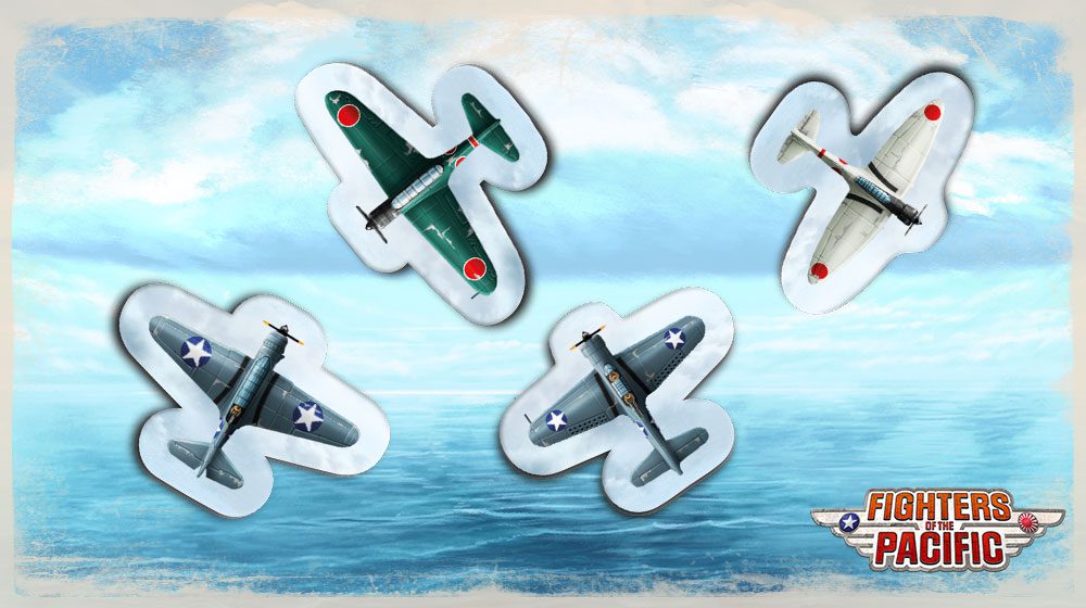 Four airplane stickers on a watercolor-style background with 'Fighters of Pacific' branding.
