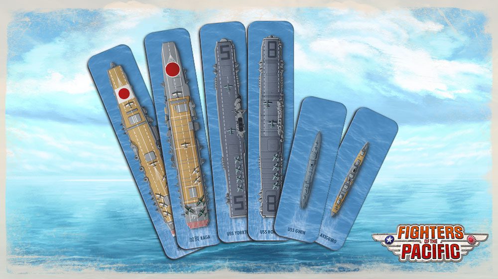 Model aircraft carrier kits on blue cards with a watercolor sky background, featuring the 'Fighters of Pacific' brand.