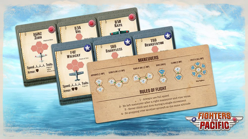 Card game components with 'Fighters of Pacific' branding on a watercolor background