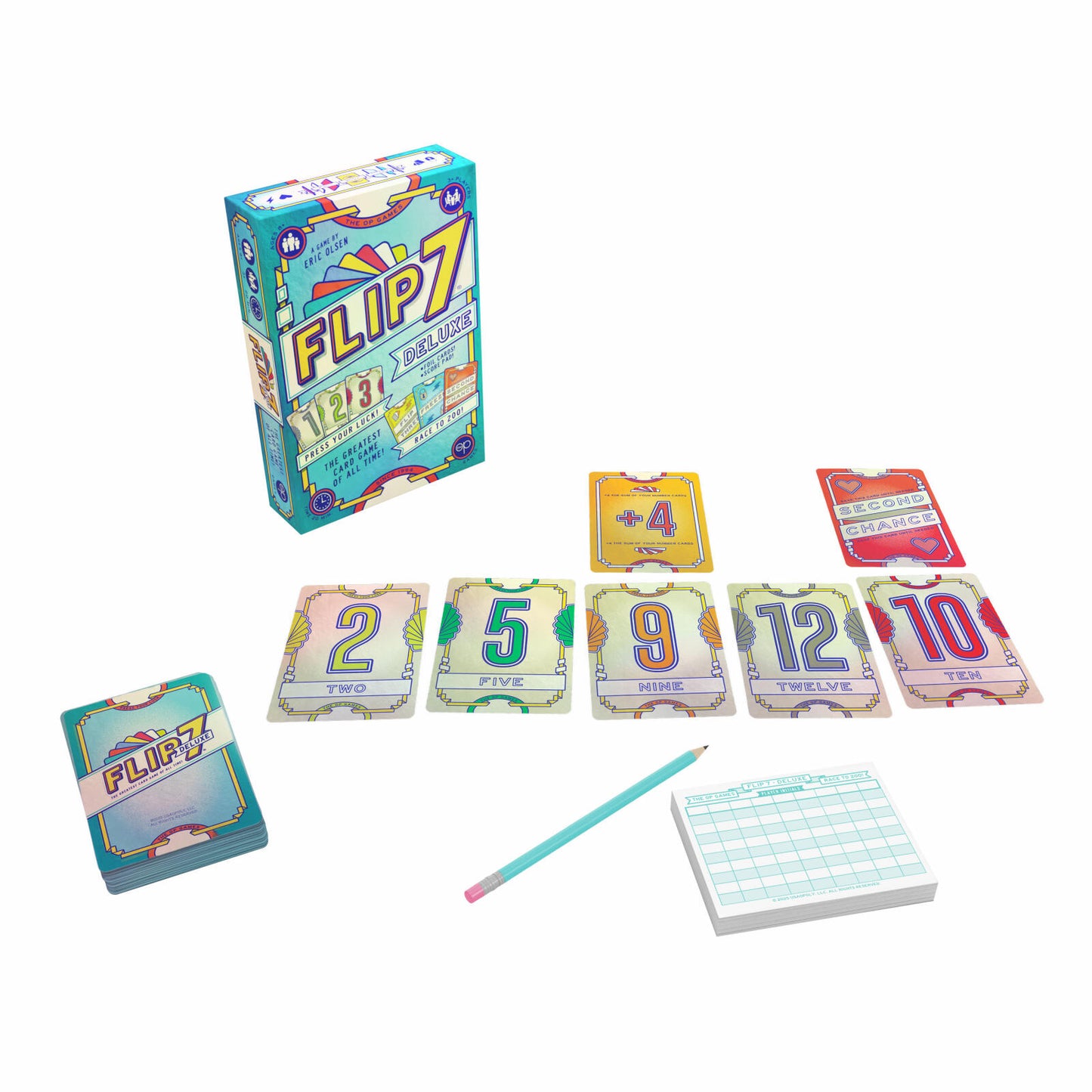 Flip 7 educational game components including cards and a pencil on a white background