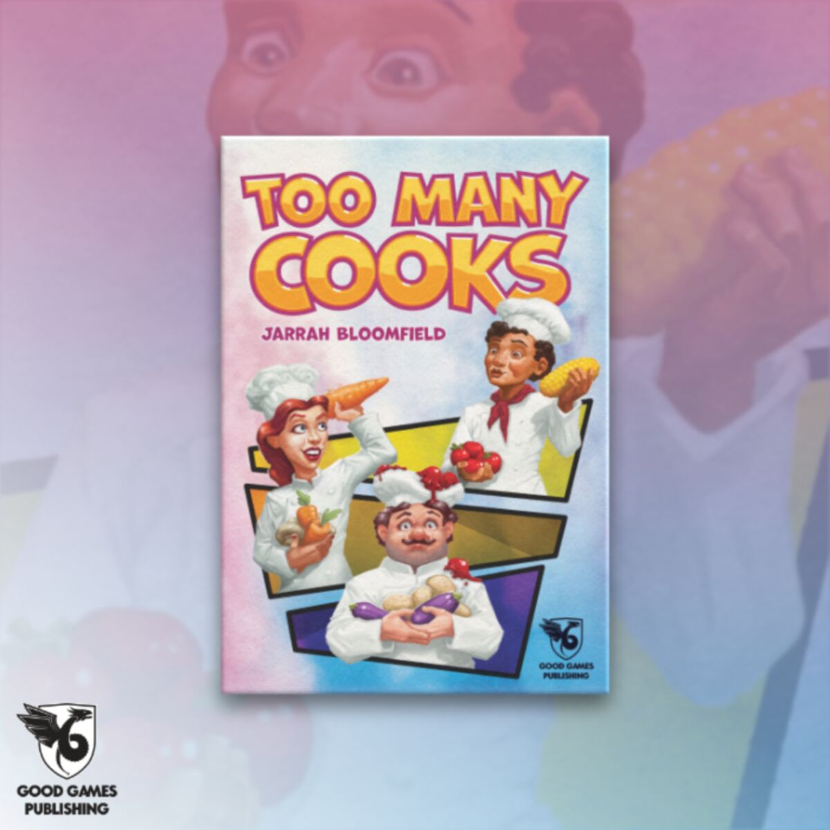 Board game box for 'Too Many Cooks' with cartoon chefs on a pastel background
