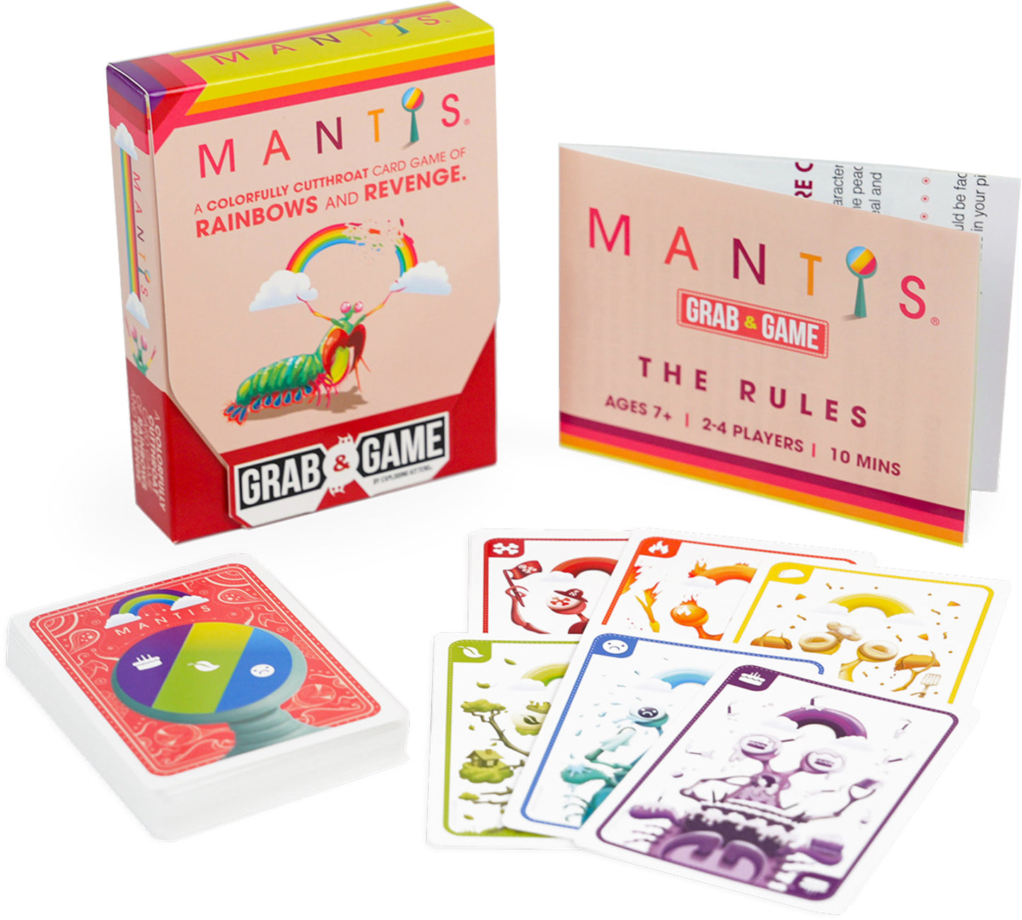 Mantis card game packaging with cards and rulebook on a white background