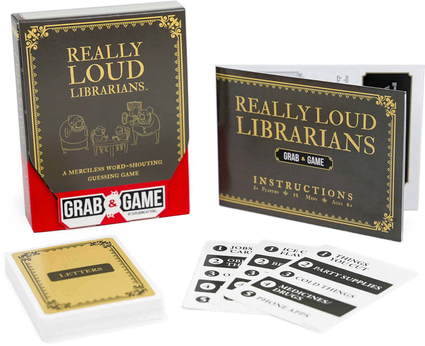 Game packaging for 'Really Loud Librarians' with cards and instructions.