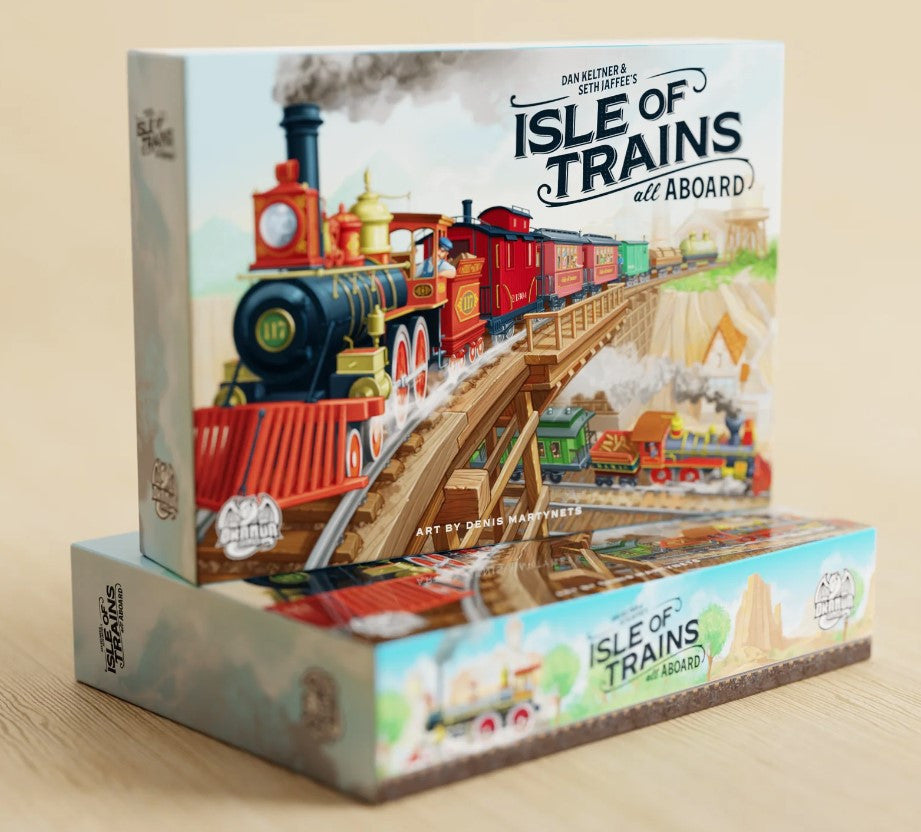 Board game box for 'Isle of Trains' with train graphics on a beige background