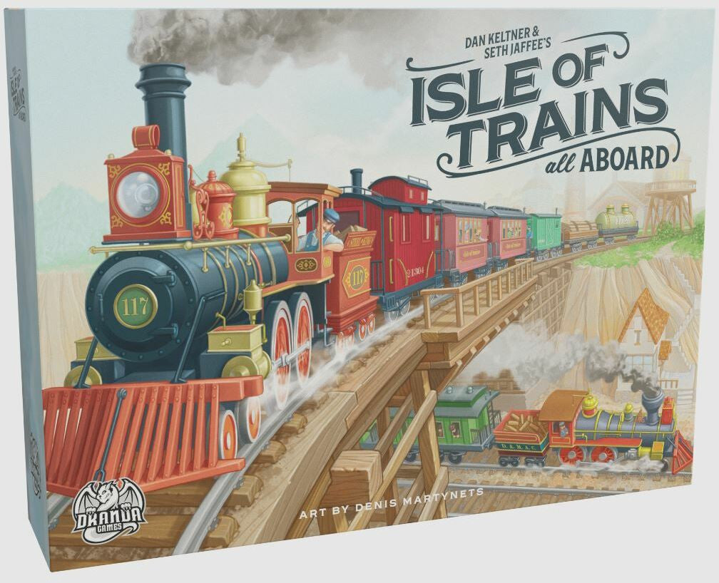 Board game box for 'Isle of Trains' with a steam locomotive and train cars on a bridge.