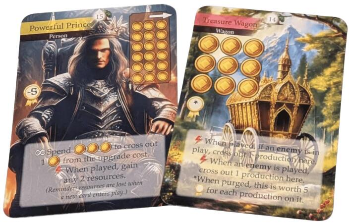 Two fantasy-themed cards with illustrations and text on a white background