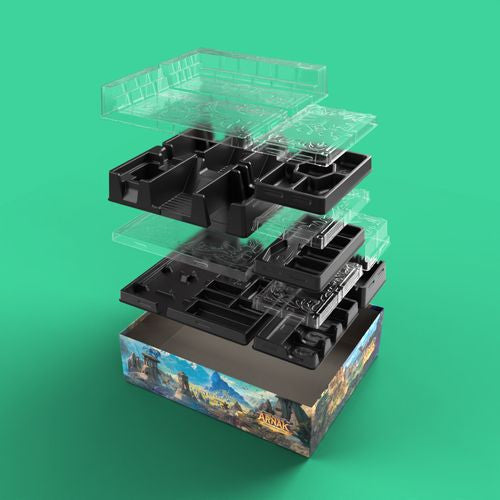 Lost ruins of Arnak Adventure Chest Black game board with transparent pieces on a green background