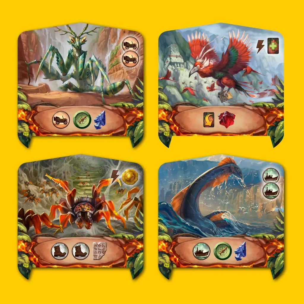 Lost ruins of Arnak Adventure Chest Four colorful game cards with fantasy creatures on a yellow background