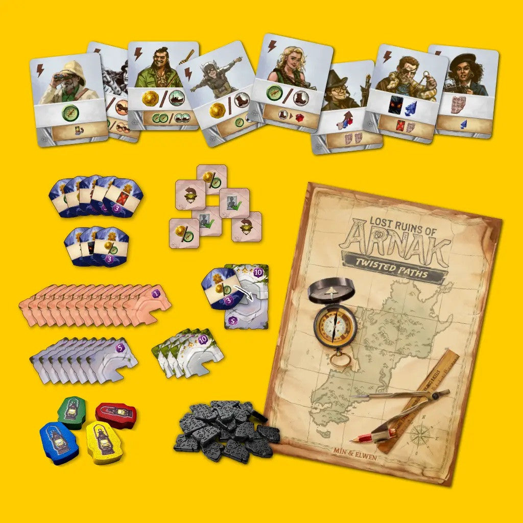 Lost ruins of Arnak Adventure Chest Board game components including cards, tokens, and a map on a yellow background