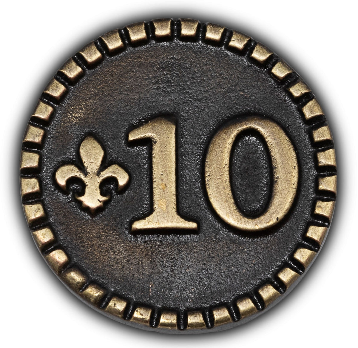 Decorative metal token with number 10 and fleur-de-lis symbol on a white background