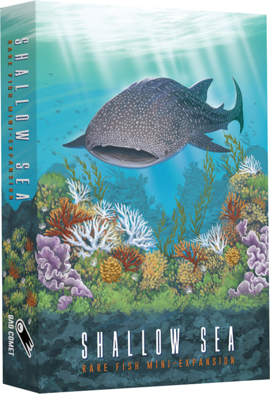 Box for 'Shallow Sea' game expansion with a whale shark and coral reef illustration.