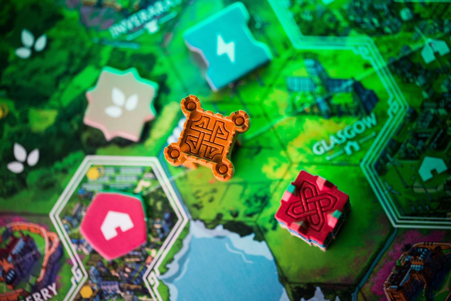 Rebirth Board game pieces on a map with 'Glasgow' labeled