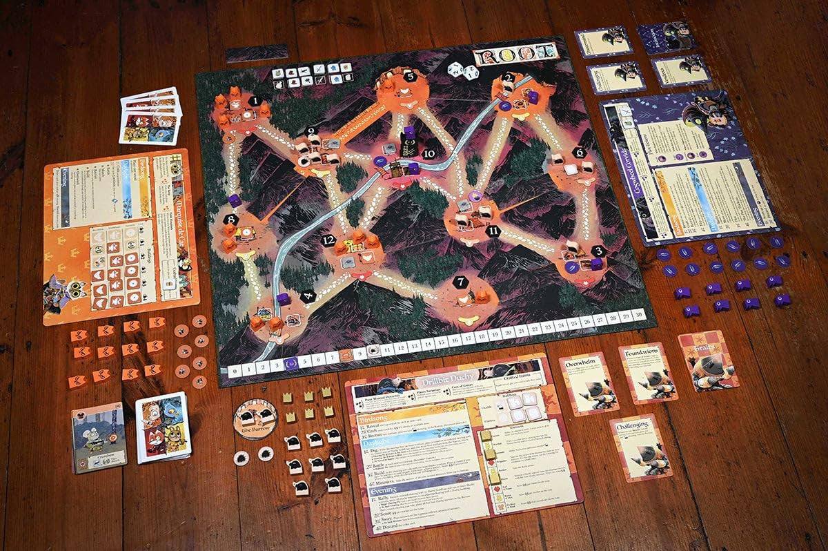 Root clockwork 2 Board game 'Root' with components on a wooden surface