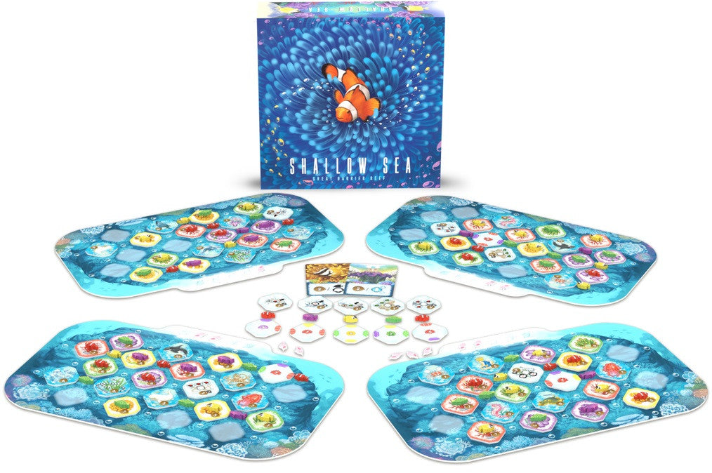 Shallow Sea Board game set with colorful mats and cards on a white background