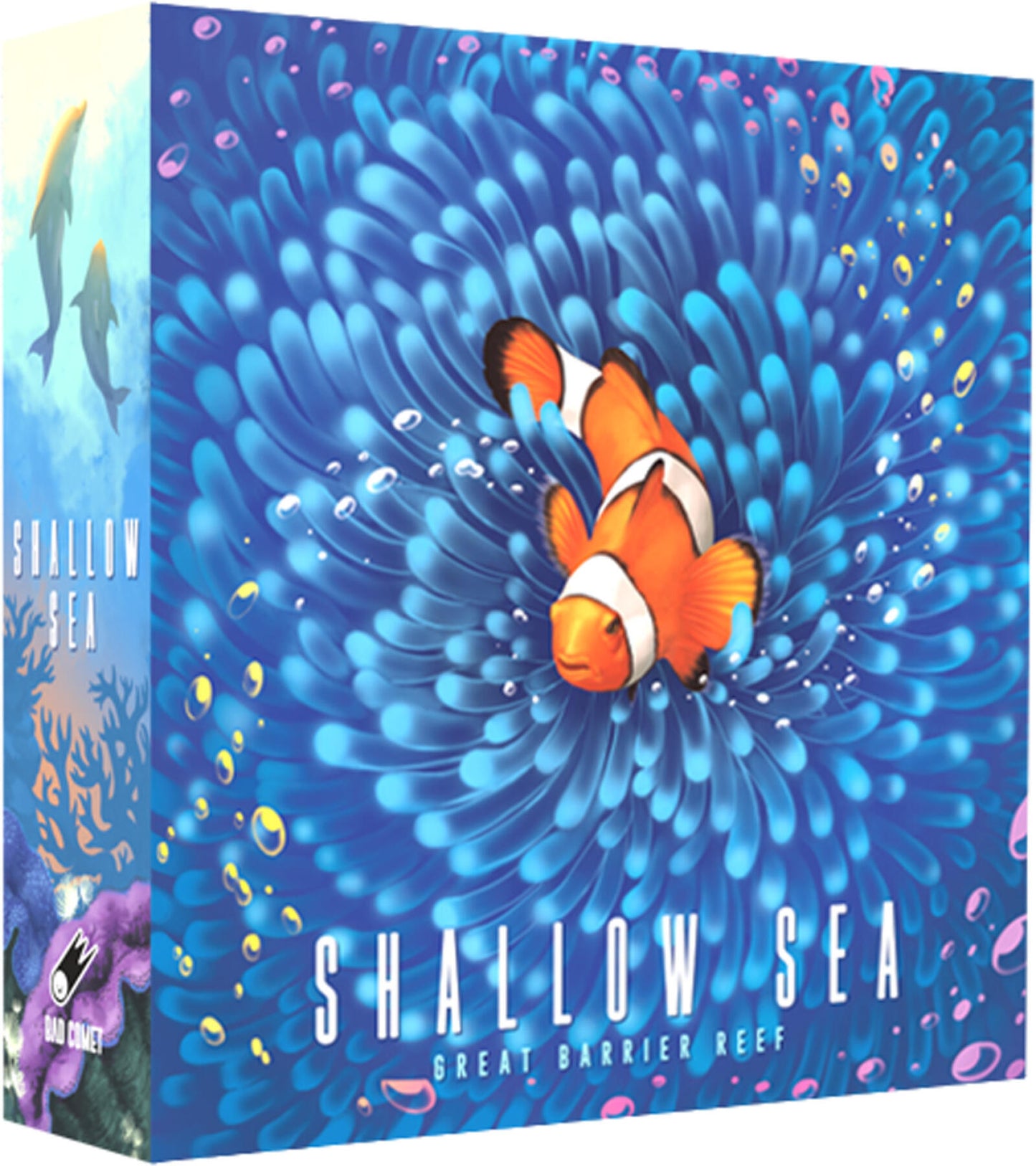 Product packaging for 'Shallow Sea' with a clownfish design on a blue background