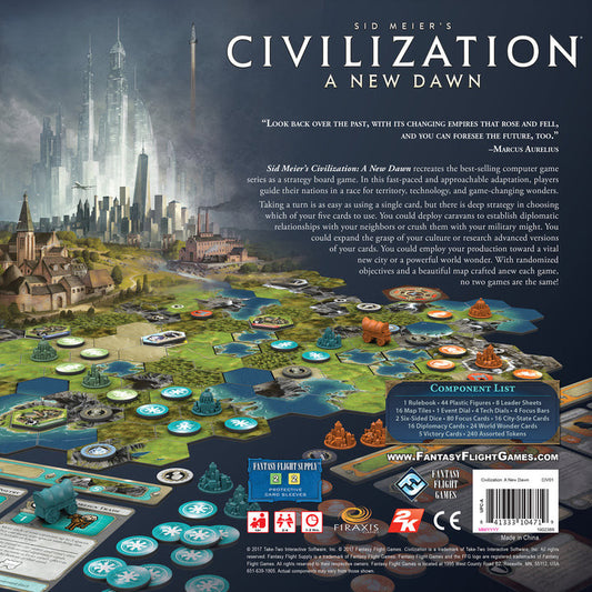 Back cover of 'Sid Meier's Civilization: A New Dawn' board game packaging with game setup illustration and text.