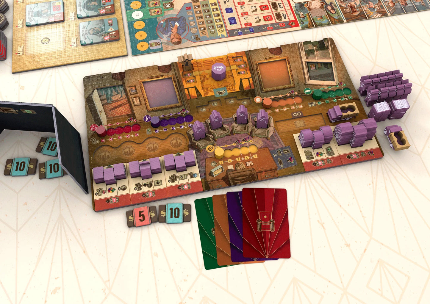 Speakeasy Board game setup with various components on a light surface