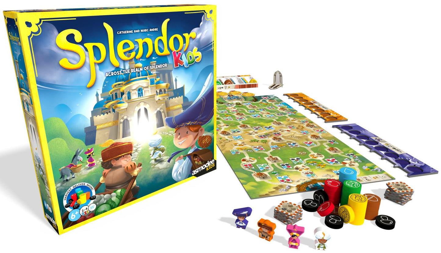 Board game 'Splendor Kids' with components and packaging on a white background